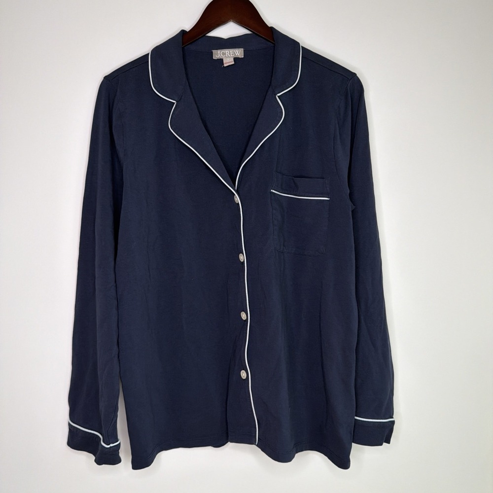 J.Crew Dreamy Cotton Piping Pajama Top Womens M Navy‎ Blue Preppy Lounge CC660